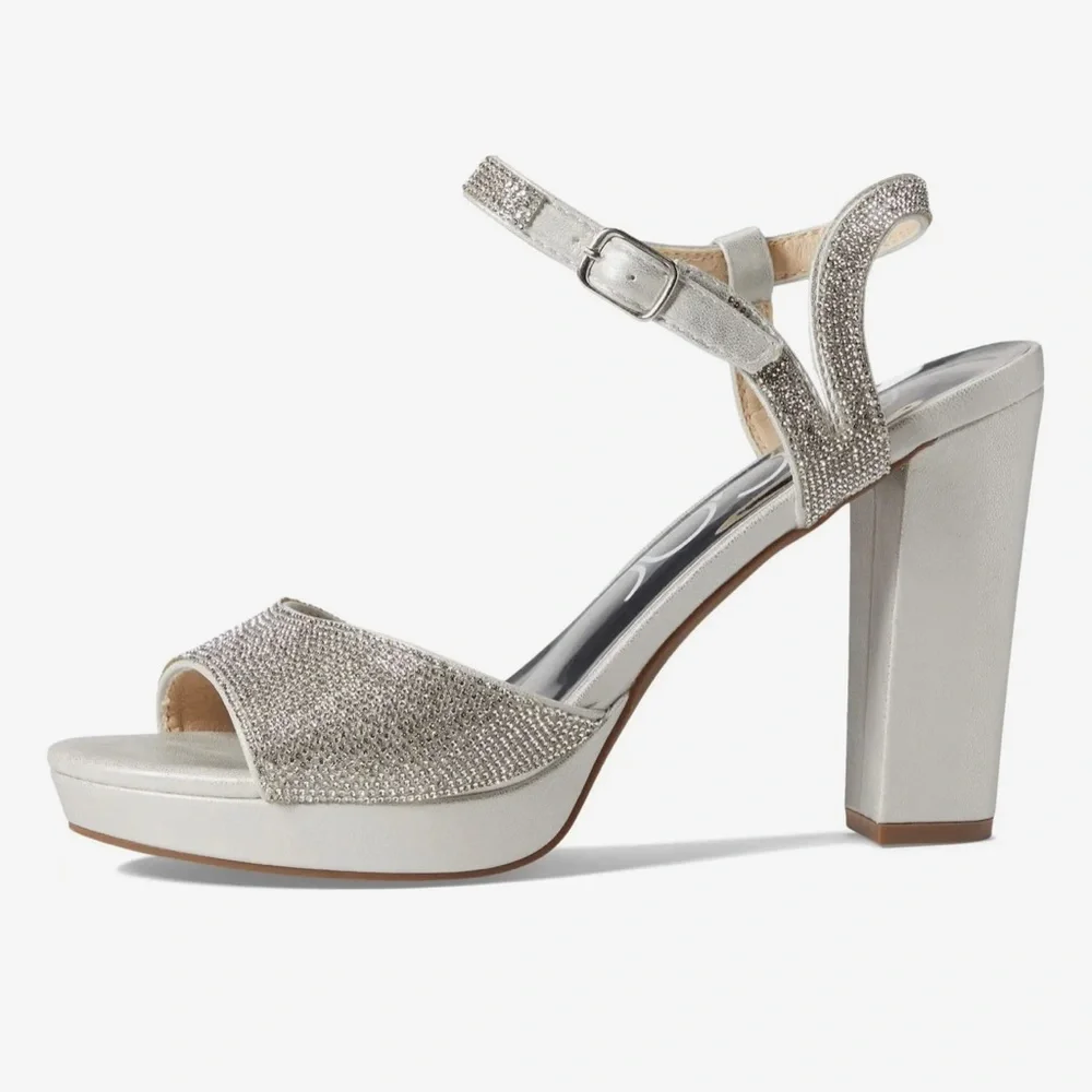 Sugar Prislla 2 Sling Back Open Toe Rhinestone Platform Heels Silver Size 9.5